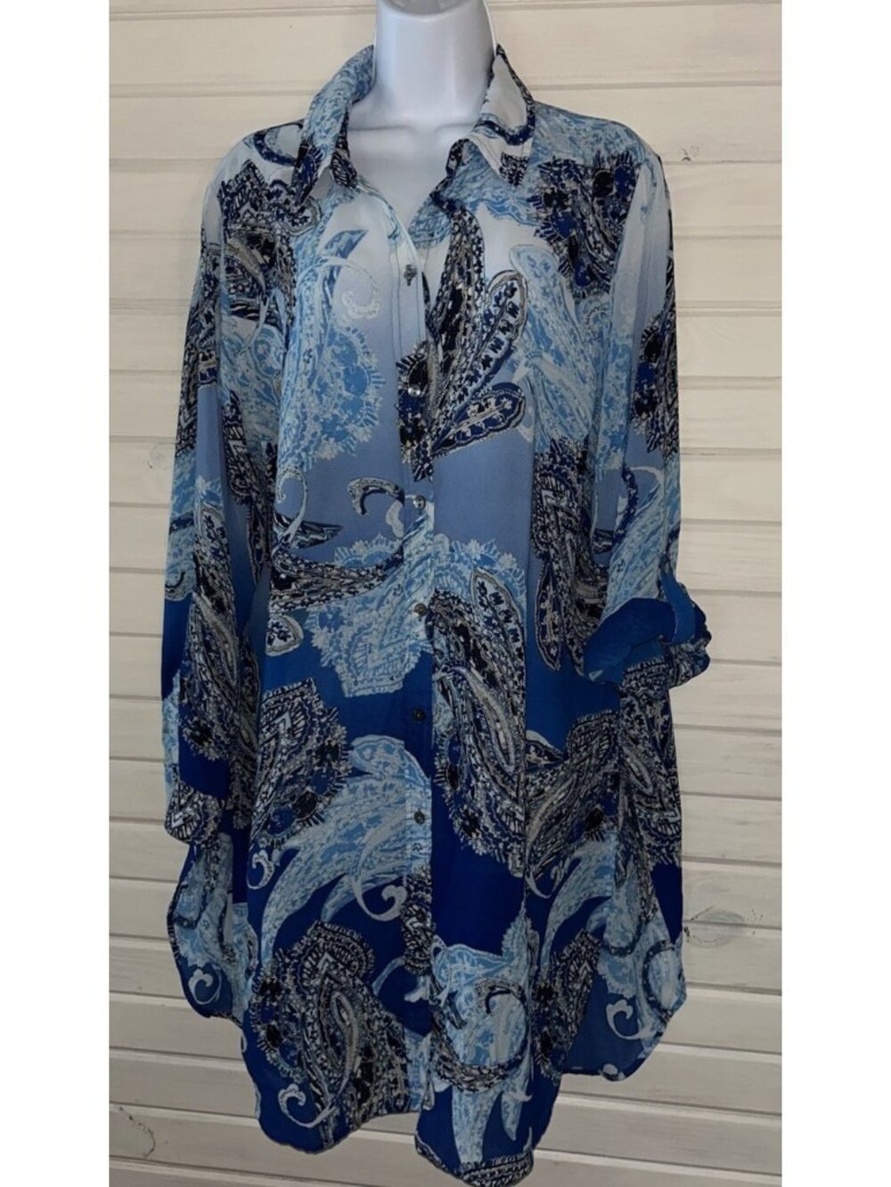Chicos Sz 2 (LARGE) Enchanted Paisley Betty Long Sheer Shirt Blue White EUC